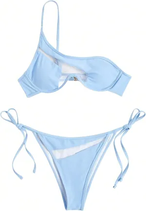 WDIRARA Women's One Shoulder Sheer Bikini Swimsuit Bathing Suit Swimwear