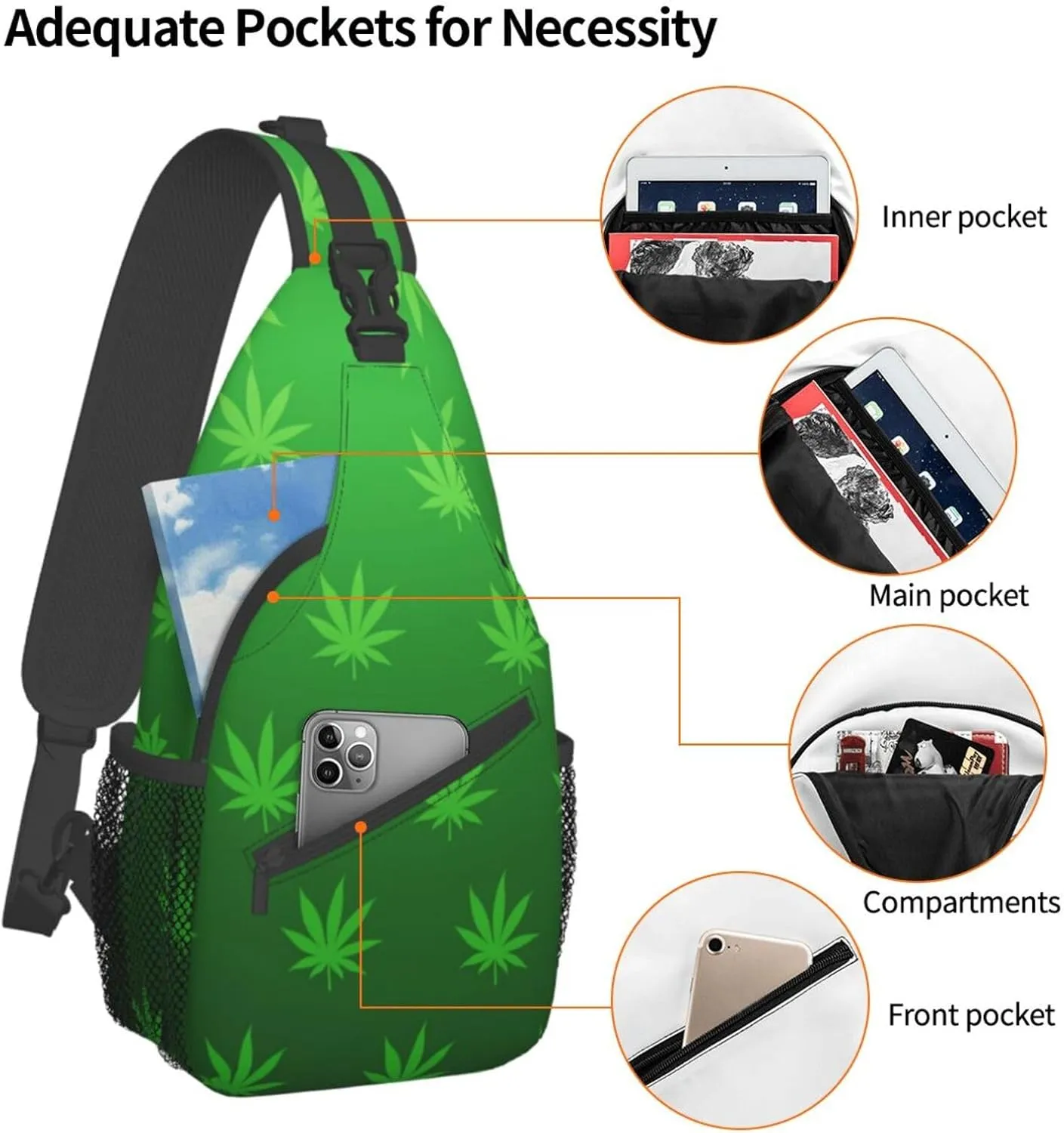 Weed Leaf Cannabis Marijuana Mens Crossbody Chest Bag Shoulder Bag Adjustable Strap Daypack