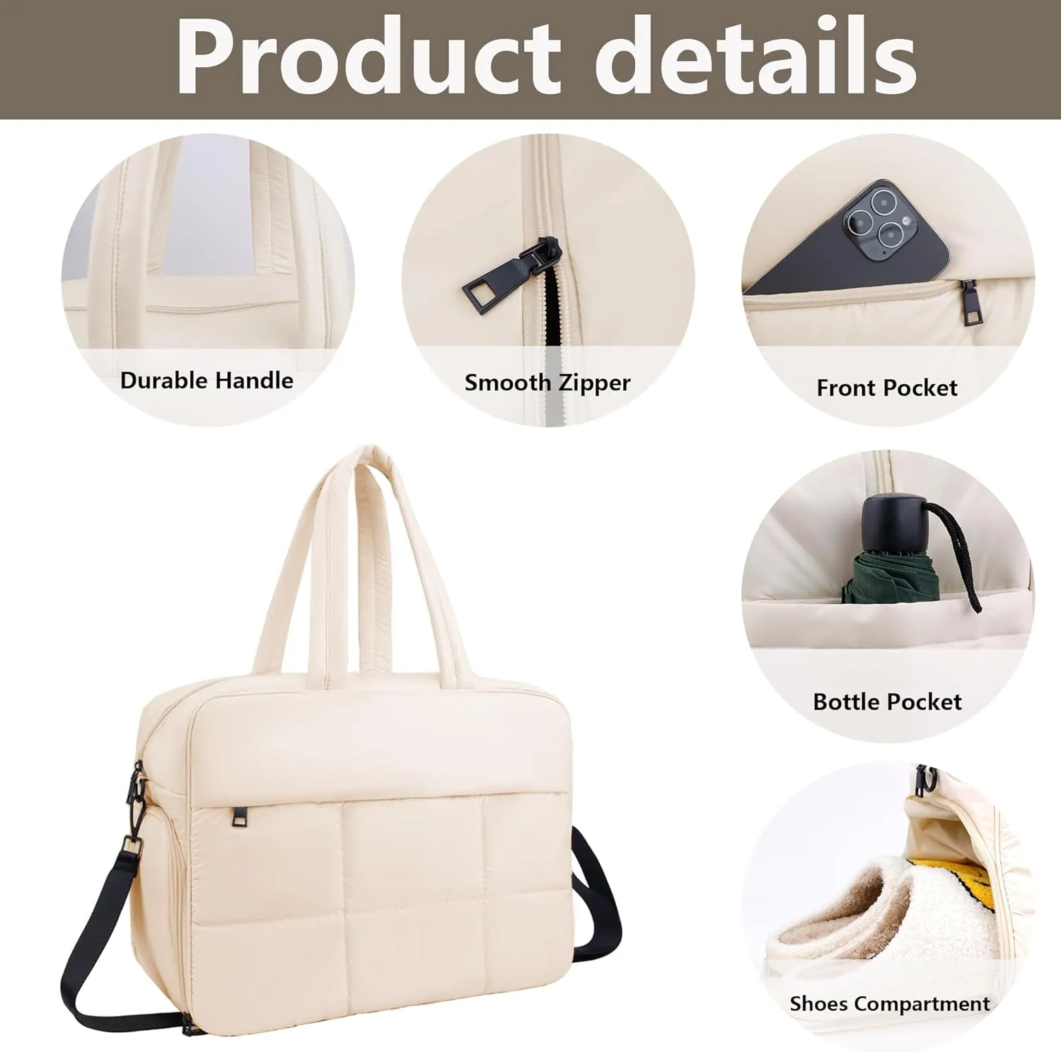 Weekender Fluffy Bag Quilted Nylon Puffer Tote Bag Personal Item Bag for Airlines Overnight Bag Gym Bag