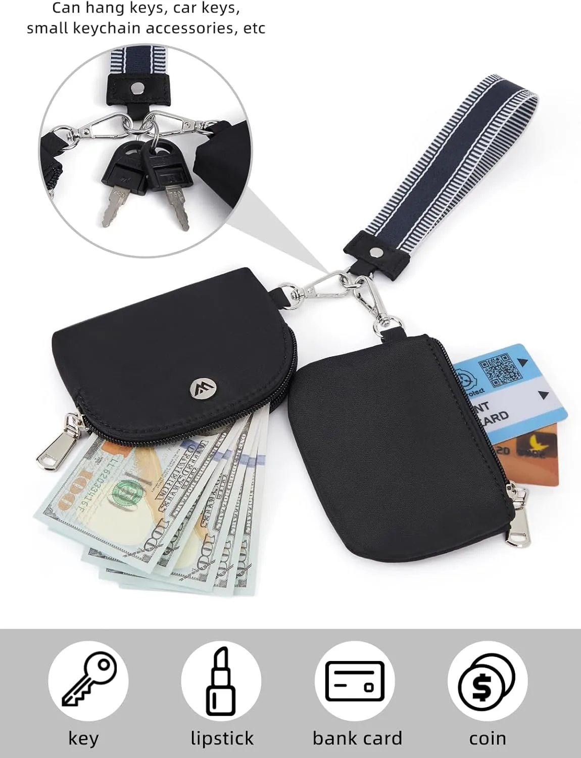 WESTBRONCO Mini Keychain Wristlet Wallets for Women Portable Dual Pouch Wristlet Detachable Quilted Nylon Coin Purse Pocket for Travel Sports Outdoors