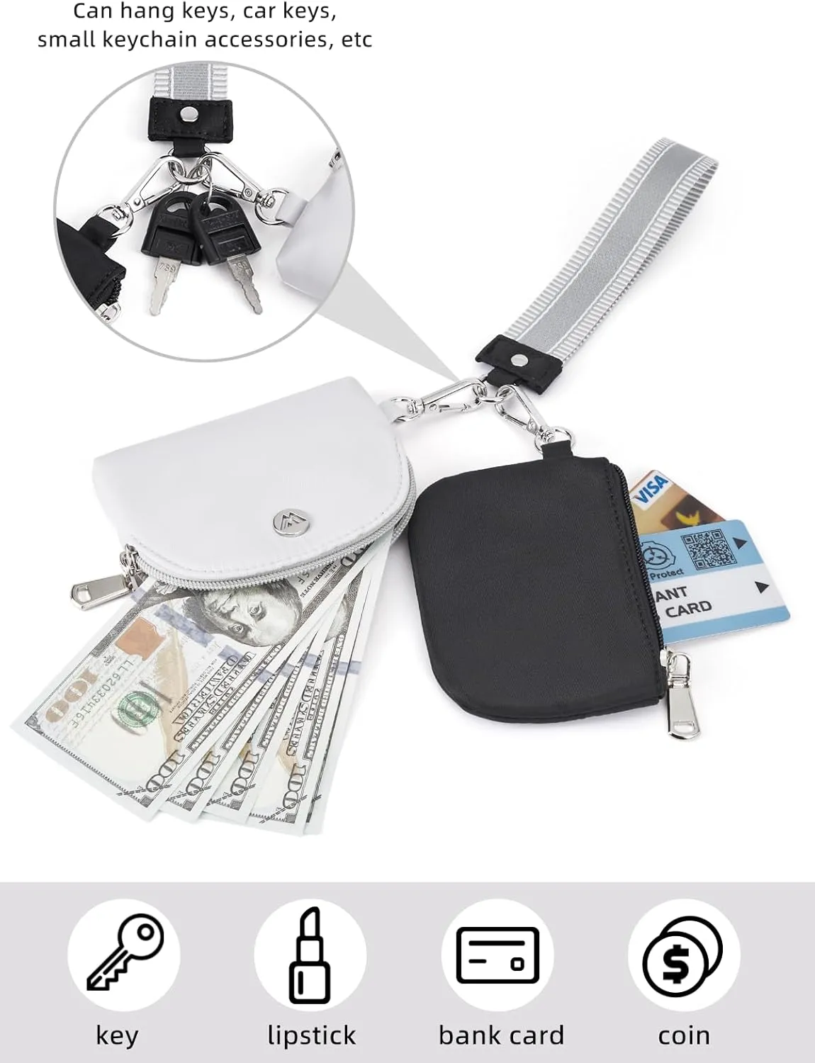 WESTBRONCO Mini Keychain Wristlet Wallets for Women Portable Dual Pouch Wristlet Detachable Quilted Nylon Coin Purse Pocket for Travel Sports Outdoors