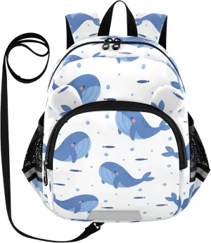 Whales White Preschool Backpack Cute Animals Daycare Bookbag School Backpack with Traction Rope for Kids 3-6