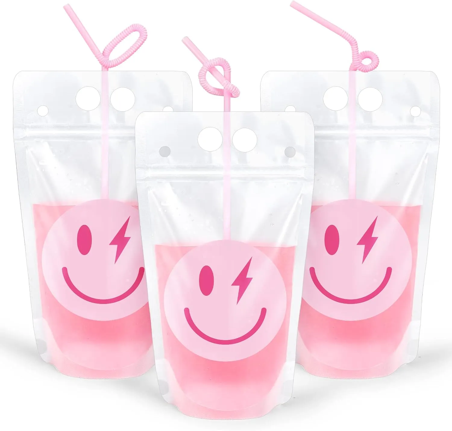 Whaline 36 Pcs Smile Faces Drink Pouches with 36Pcs Straws Pink Translucent Reclosable Portable Drink Pouches 500ml Clear Zipper Beverage Bags Juice Pouches for Baby Shower Wedding Party Supplies