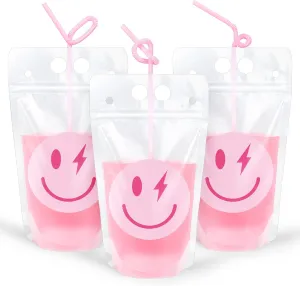 Whaline 36 Pcs Smile Faces Drink Pouches with 36Pcs Straws Pink Translucent Reclosable Portable Drink Pouches 500ml Clear Zipper Beverage Bags Juice Pouches for Baby Shower Wedding Party Supplies