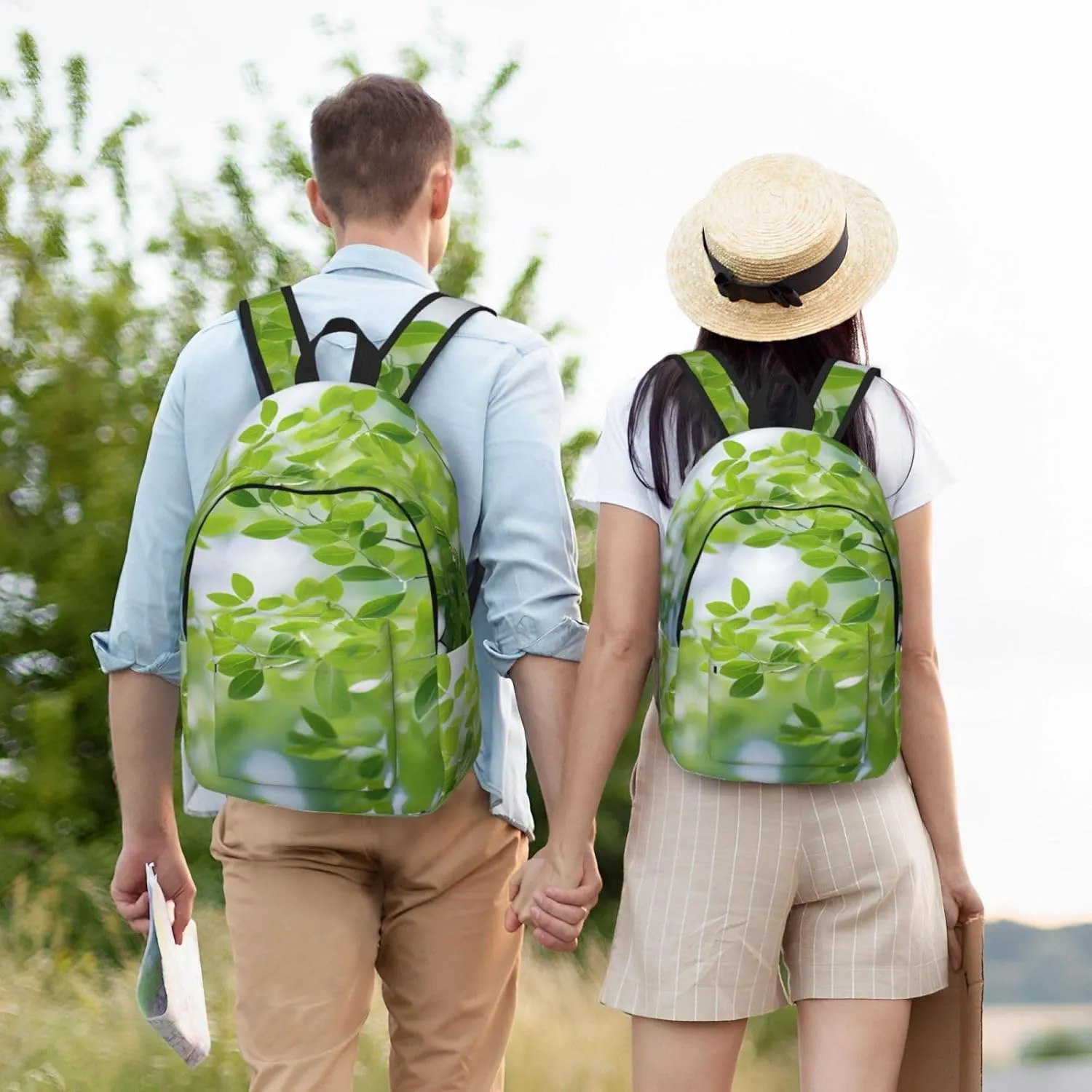 White Natural Greenery Twig Print Vintage Canvas Backpack,Travel Bag,Stylish And Lightweight With Multiple Pockets