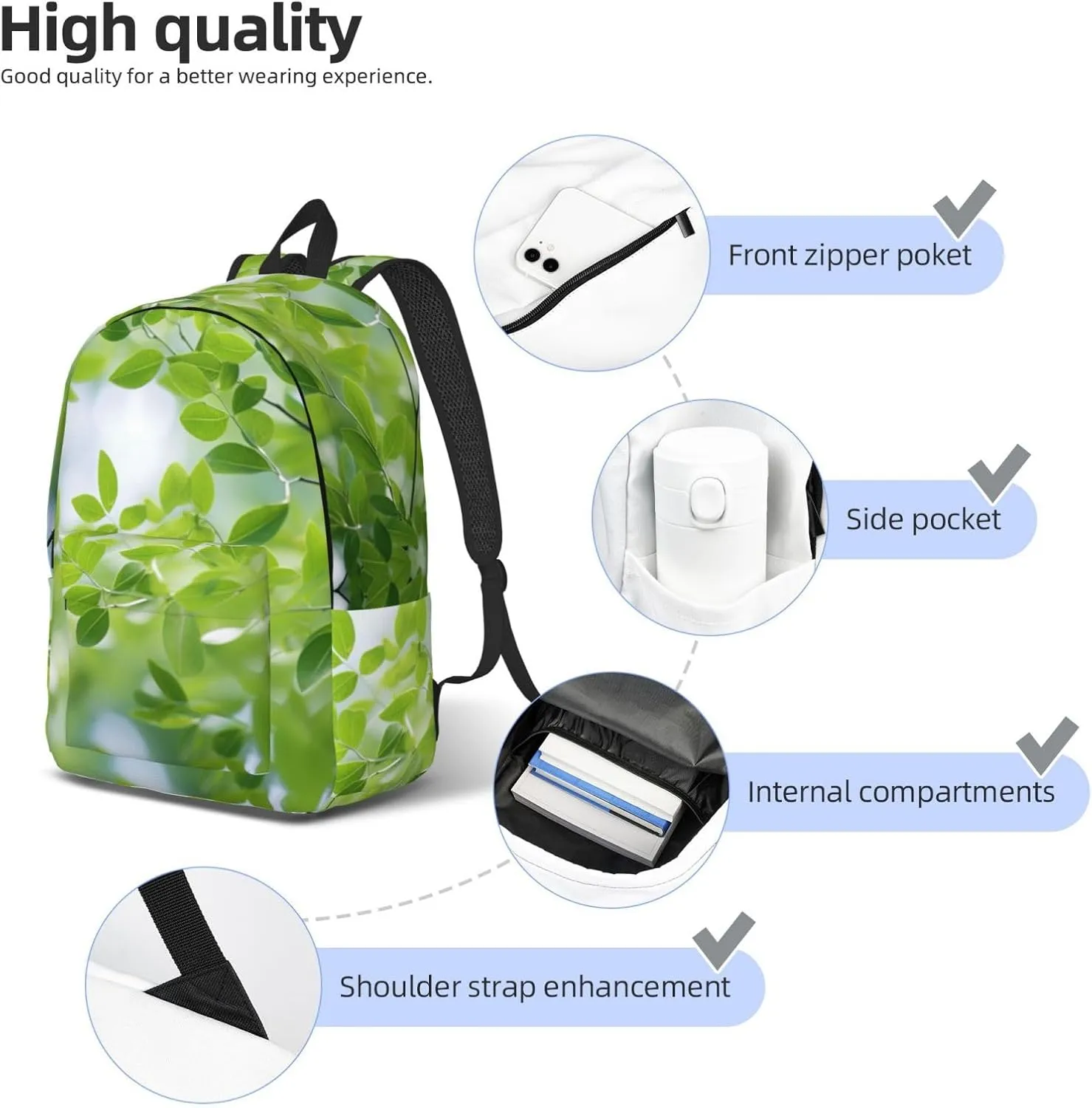 White Natural Greenery Twig Print Vintage Canvas Backpack,Travel Bag,Stylish And Lightweight With Multiple Pockets