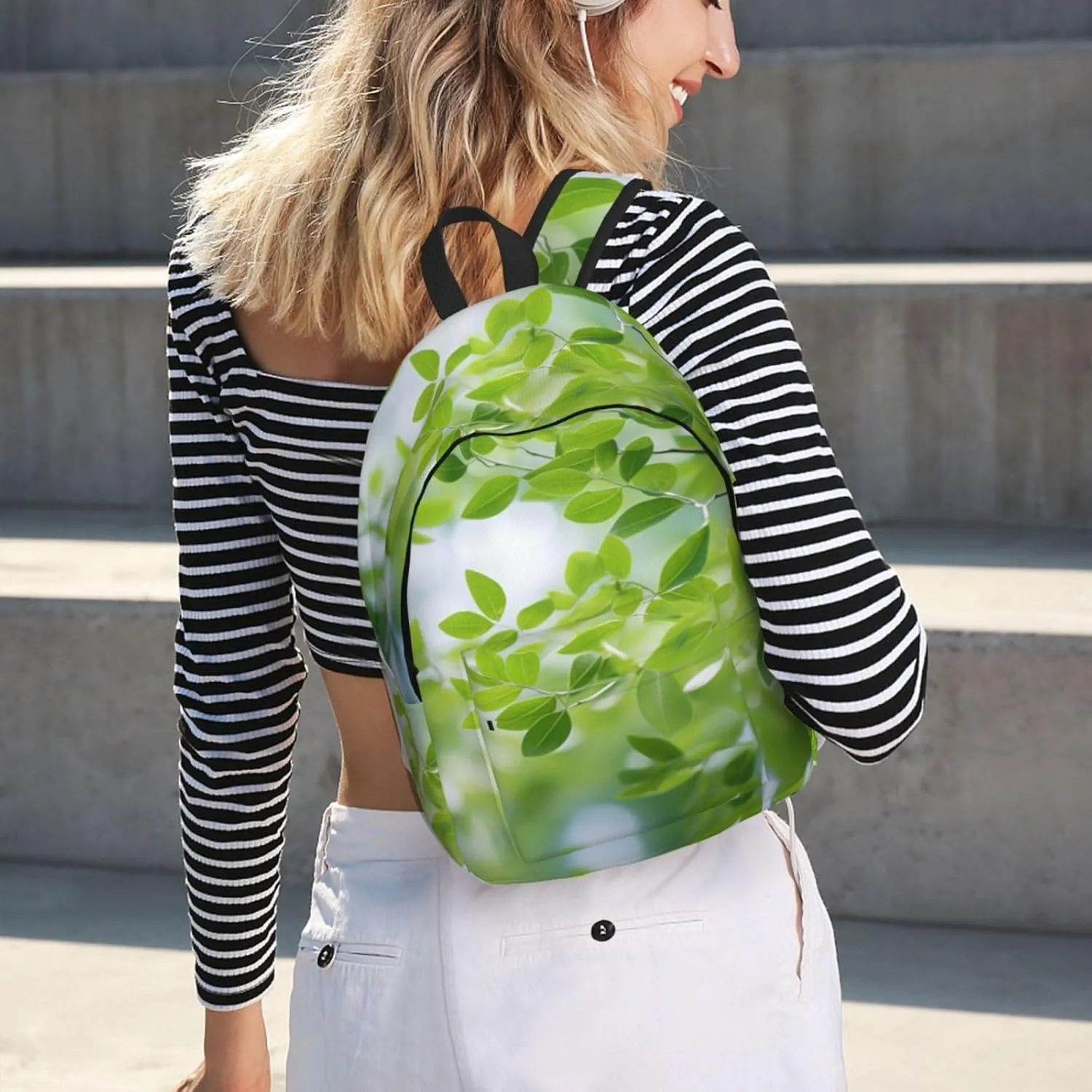 White Natural Greenery Twig Print Vintage Canvas Backpack,Travel Bag,Stylish And Lightweight With Multiple Pockets
