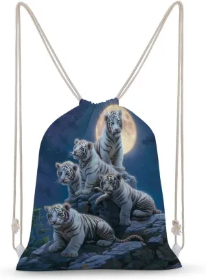 White Tigers Family Full Moon Drawstring Backpack Travel String Shoulder Bag Canvas Sport Sackpack for Gym Shopping Yoga