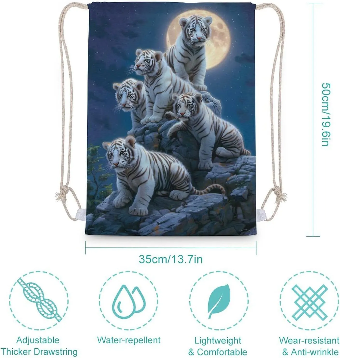 White Tigers Family Full Moon Drawstring Backpack Travel String Shoulder Bag Canvas Sport Sackpack for Gym Shopping Yoga