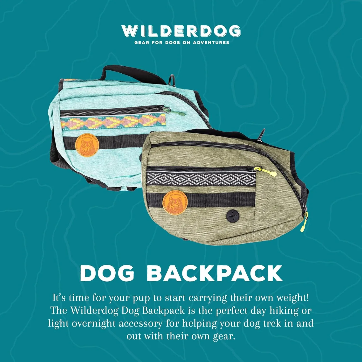Wilderdog Dog Backpack with Built in Harness and Back-Mounted D-Ring Leash Attachment, Handle, Two Saddlebags with 4 Total Pockets, Built in Poop Bag Dispenser (Huckleberry, Large)