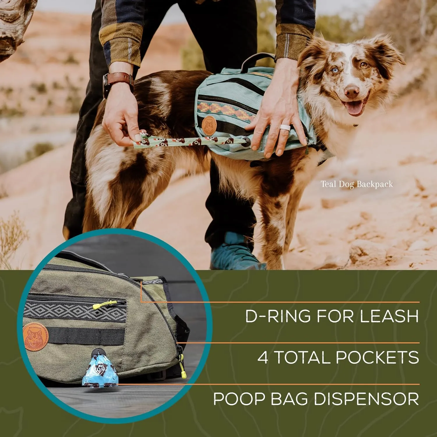 Wilderdog Dog Backpack with Built in Harness and Back-Mounted D-Ring Leash Attachment, Handle, Two Saddlebags with 4 Total Pockets, Built in Poop Bag Dispenser (Huckleberry, Large)