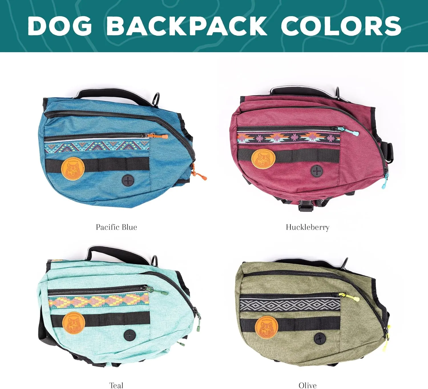 Wilderdog Dog Backpack with Built in Harness and Back-Mounted D-Ring Leash Attachment, Handle, Two Saddlebags with 4 Total Pockets, Built in Poop Bag Dispenser (Huckleberry, Large)