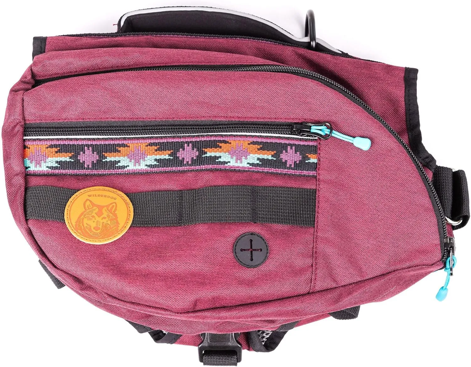 Wilderdog Dog Backpack with Built in Harness and Back-Mounted D-Ring Leash Attachment, Handle, Two Saddlebags with 4 Total Pockets, Built in Poop Bag Dispenser (Huckleberry, Large)