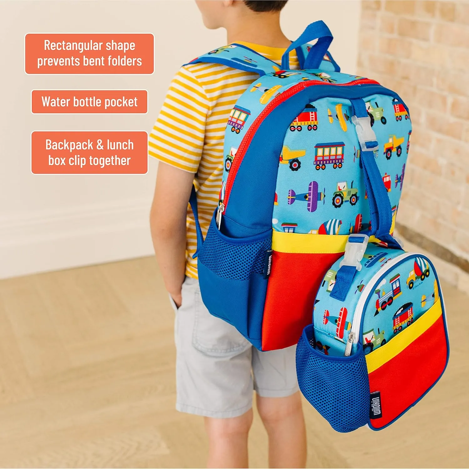 Wildkin Pack-it-All Kids Backpack – Durable, Spacious, Adjustable for School & Travel - Trains, Planes, and Trucks