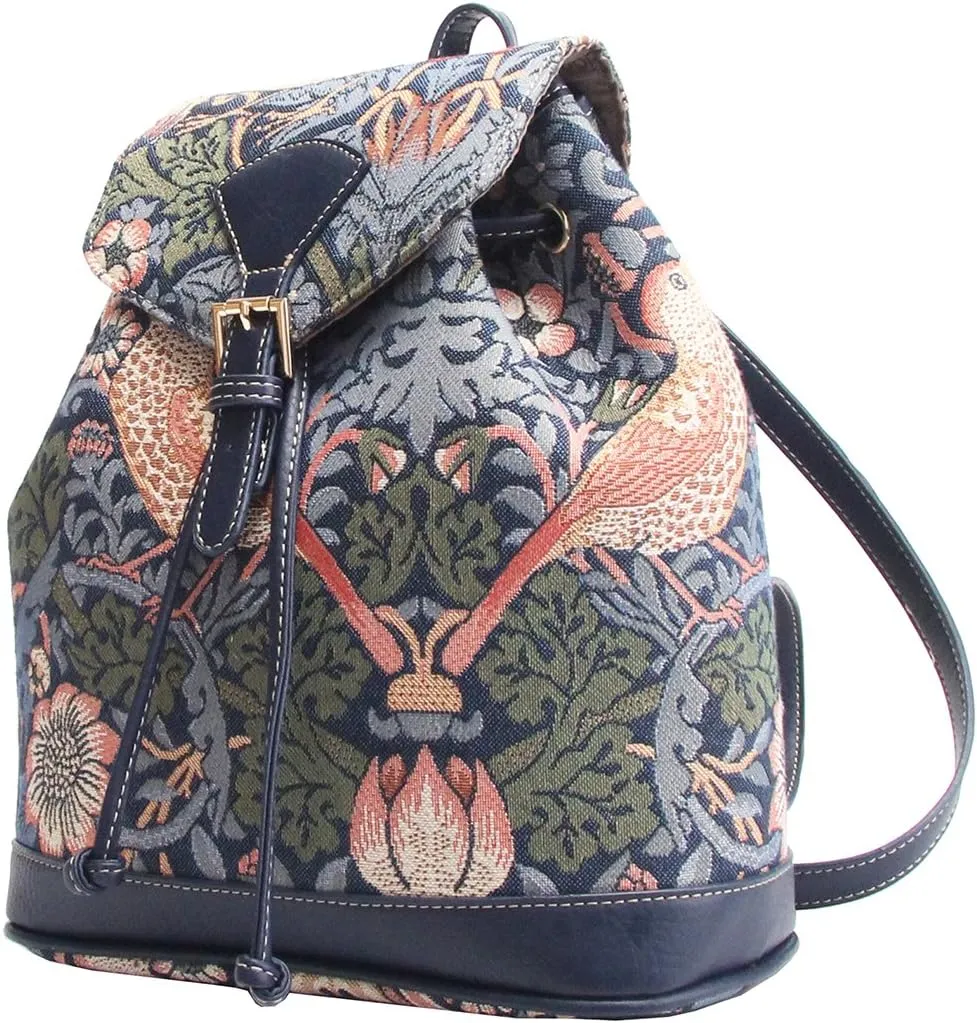 William Morris Strawberry Thief Tapestry Flap Buckle Pull String Backpack by Signare