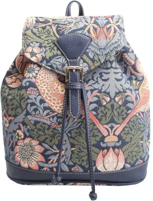 William Morris Strawberry Thief Tapestry Flap Buckle Pull String Backpack by Signare