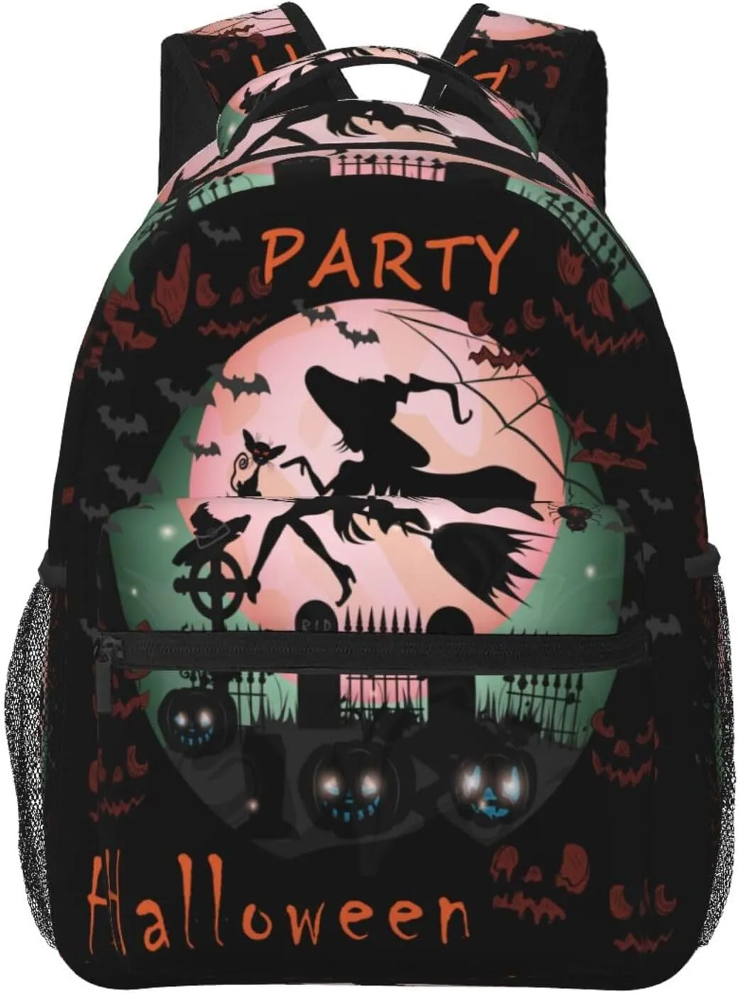 Witch Riding Broom Pumpkins Graveyard Moon Casual Backpack Travel Laptop Backpacks Lightweight Daypack Large Capacity Rucksack Notebook Bags Business Work Bag for Yoga Beach Hiking