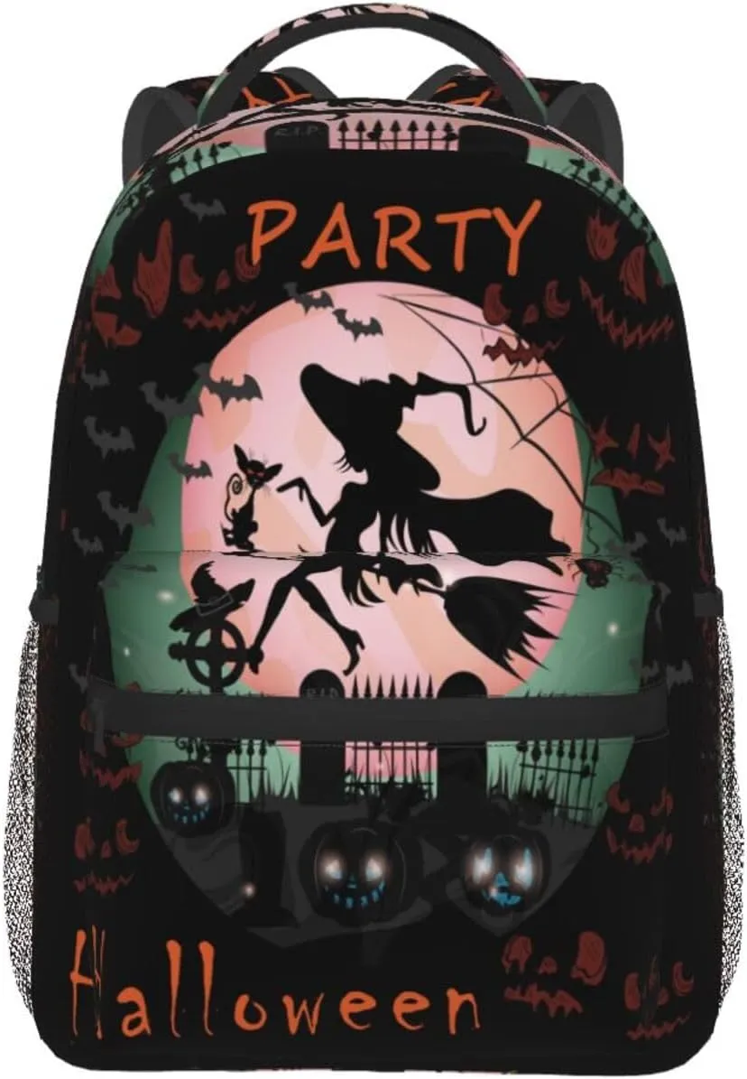 Witch Riding Broom Pumpkins Graveyard Moon Casual Backpack Travel Laptop Backpacks Lightweight Daypack Large Capacity Rucksack Notebook Bags Business Work Bag for Yoga Beach Hiking