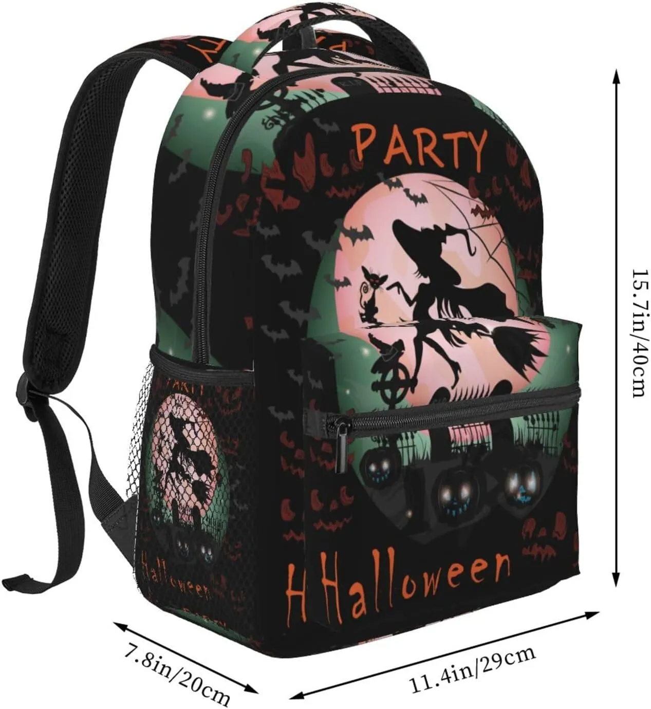 Witch Riding Broom Pumpkins Graveyard Moon Casual Backpack Travel Laptop Backpacks Lightweight Daypack Large Capacity Rucksack Notebook Bags Business Work Bag for Yoga Beach Hiking