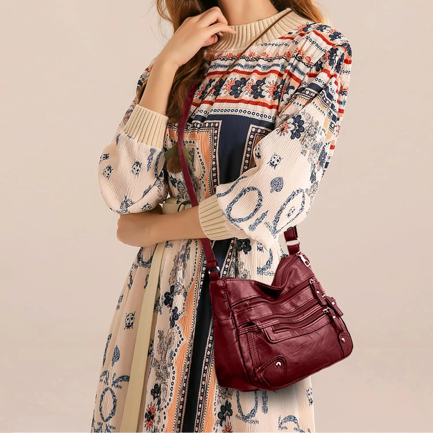 WITERY Crossboby Bag for Women - Soft PU Leather Multi-Pocket Shoulder Bag Handbag with Adjustable Strap