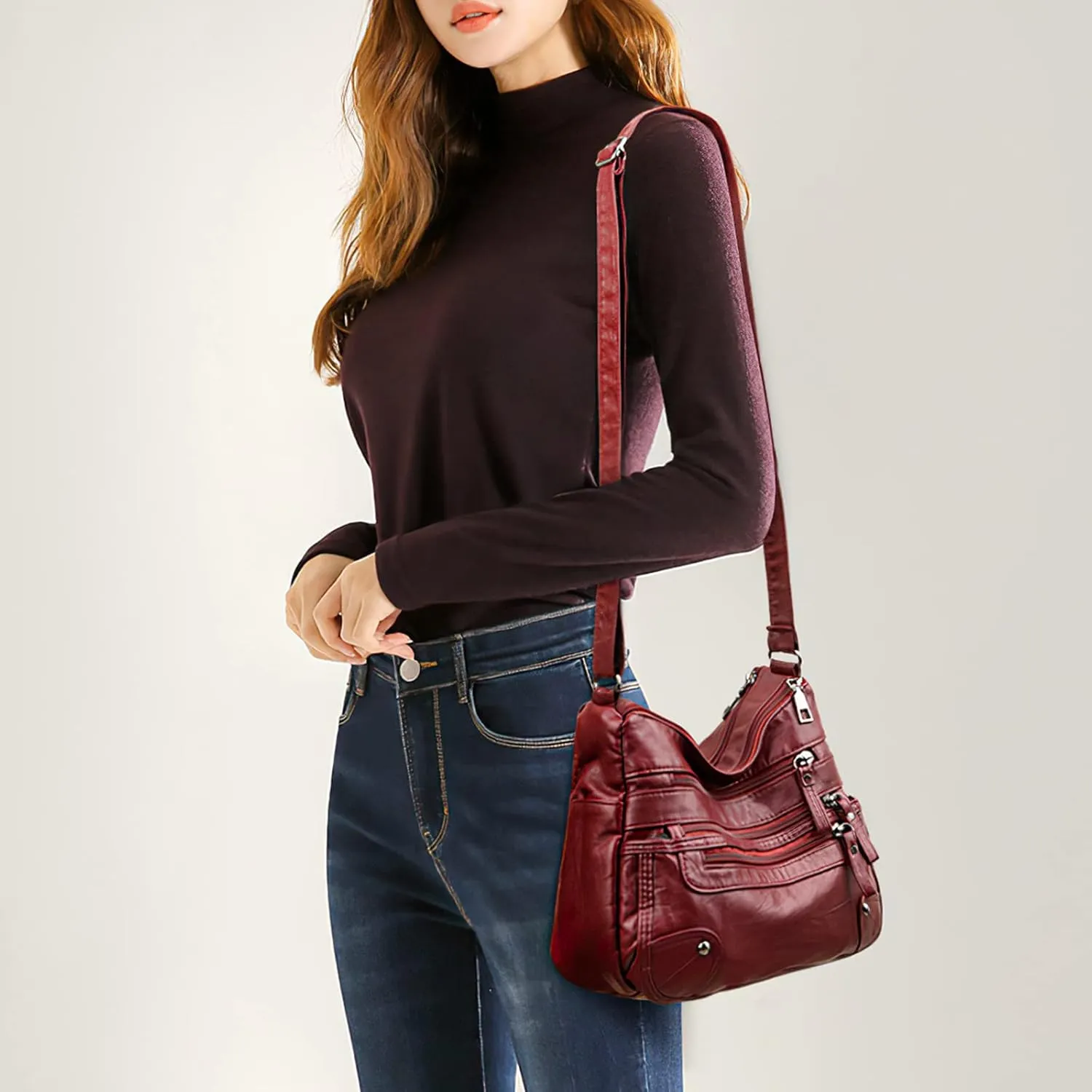 WITERY Crossboby Bag for Women - Soft PU Leather Multi-Pocket Shoulder Bag Handbag with Adjustable Strap