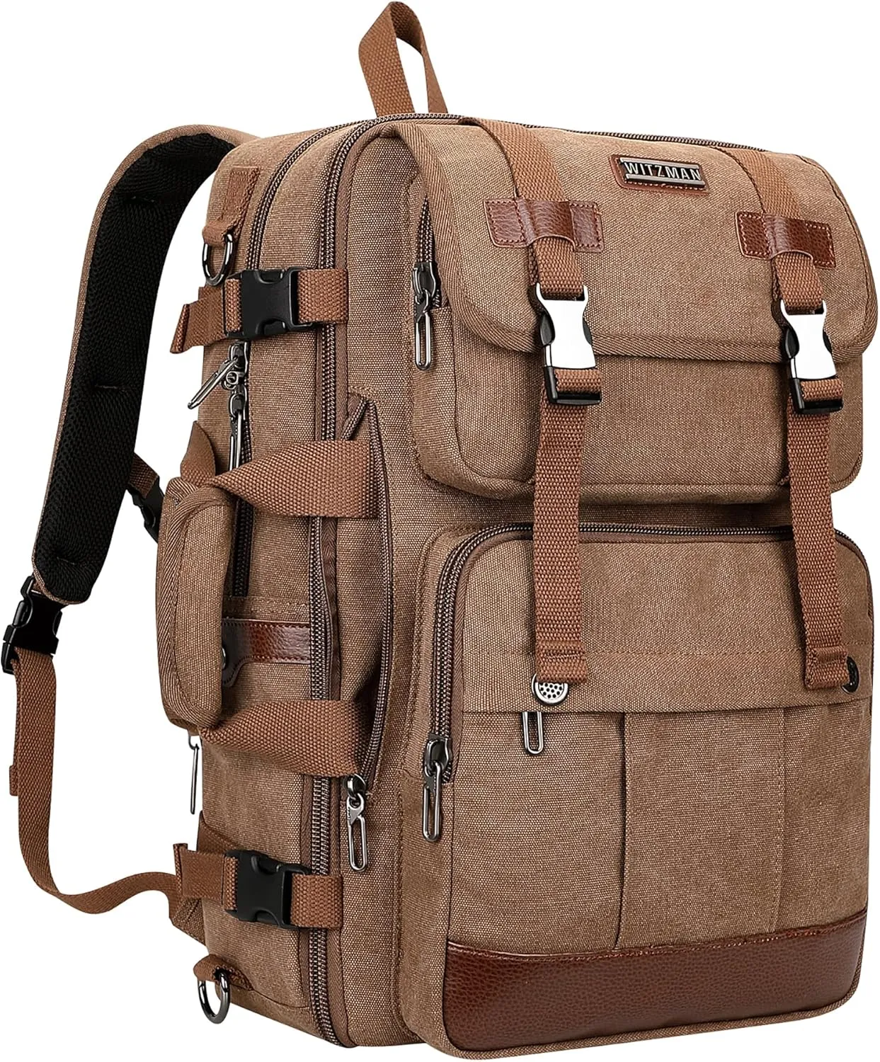 WITZMAN Canvas Travel Backpack for Men Large Laptop Backpack Fit 17 inch Carry-on Airline Approved Convertible Shoulder Rucksack(A6617-3 Brown)