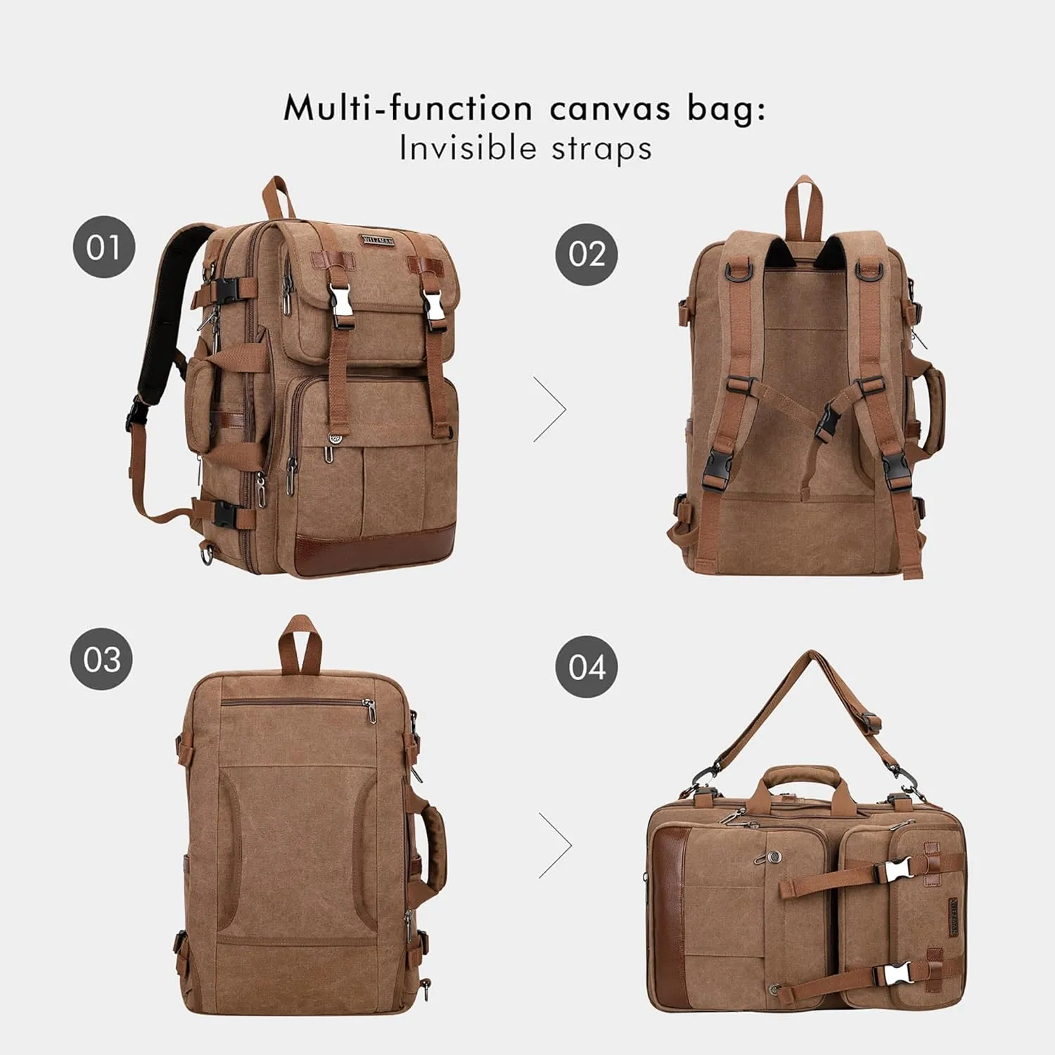 WITZMAN Canvas Travel Backpack for Men Large Laptop Backpack Fit 17 inch Carry-on Airline Approved Convertible Shoulder Rucksack(A6617-3 Brown)