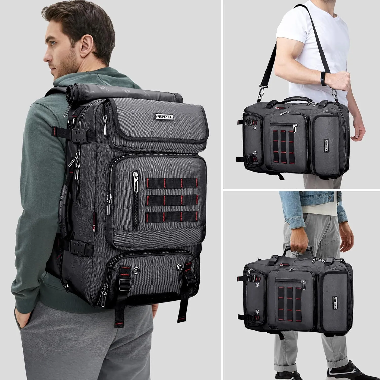 WITZMAN Carry on Travel Backpack for Men Airline Approved Convertible Nylon Duffle Backpack Luggage Bag (B682 Silvery Grey)
