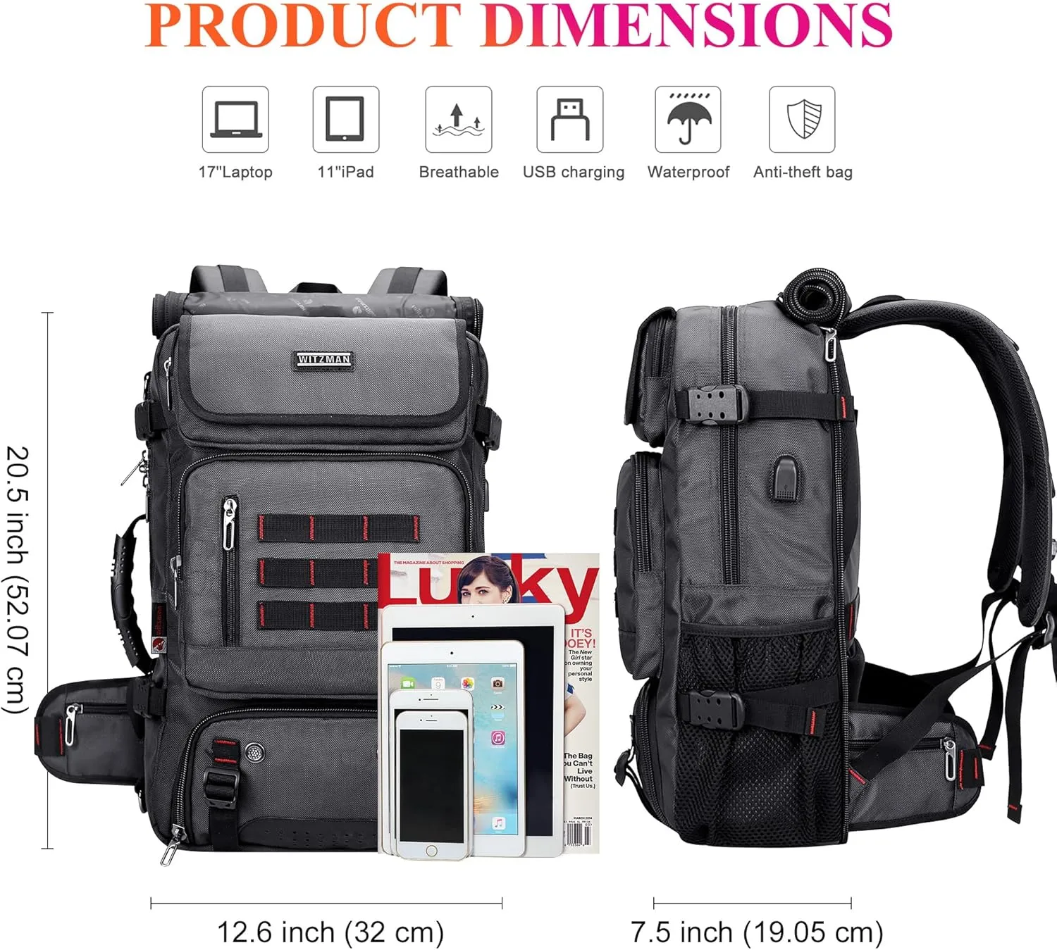 WITZMAN Carry on Travel Backpack for Men Airline Approved Convertible Nylon Duffle Backpack Luggage Bag (B682 Silvery Grey)