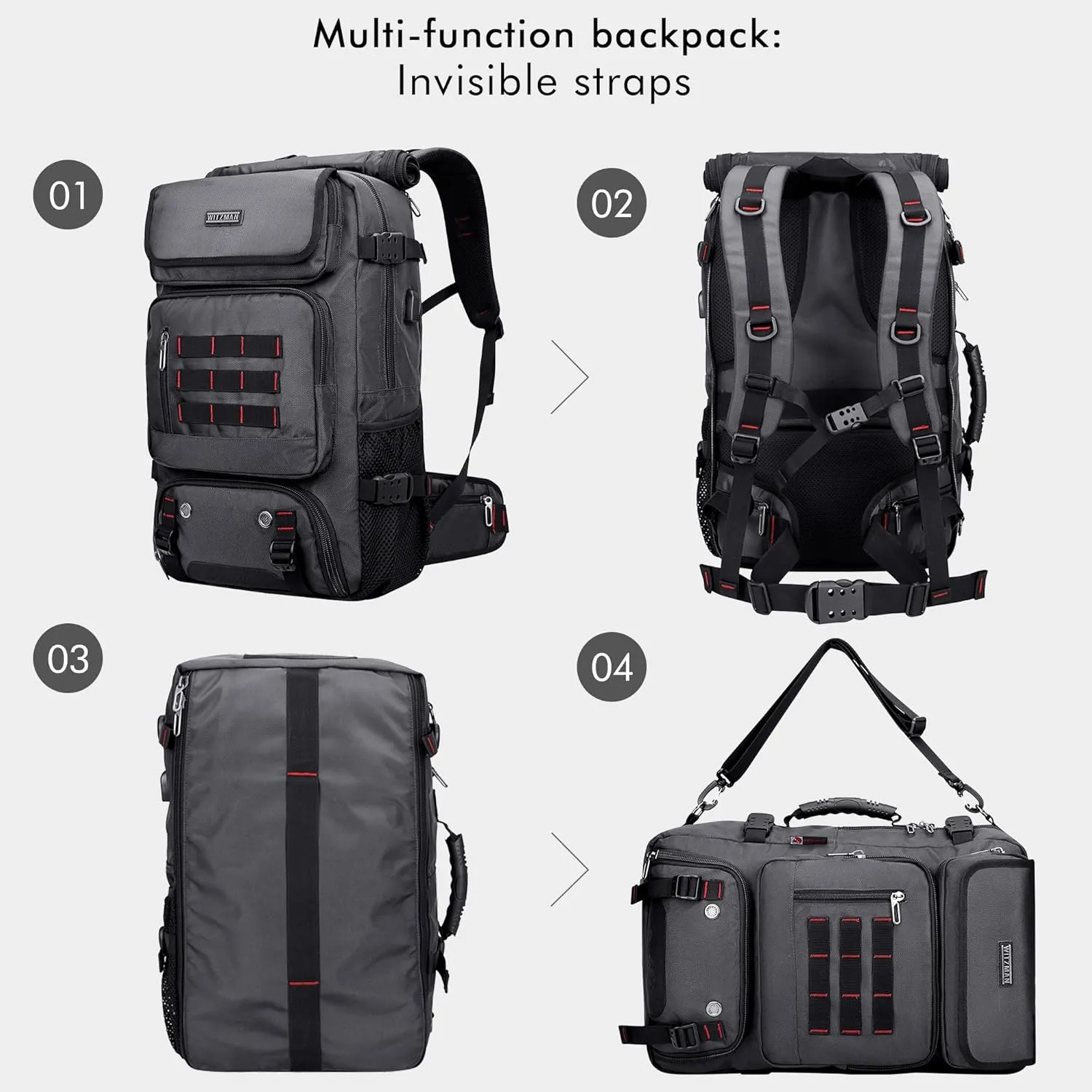 WITZMAN Carry on Travel Backpack for Men Airline Approved Convertible Nylon Duffle Backpack Luggage Bag (B682 Silvery Grey)