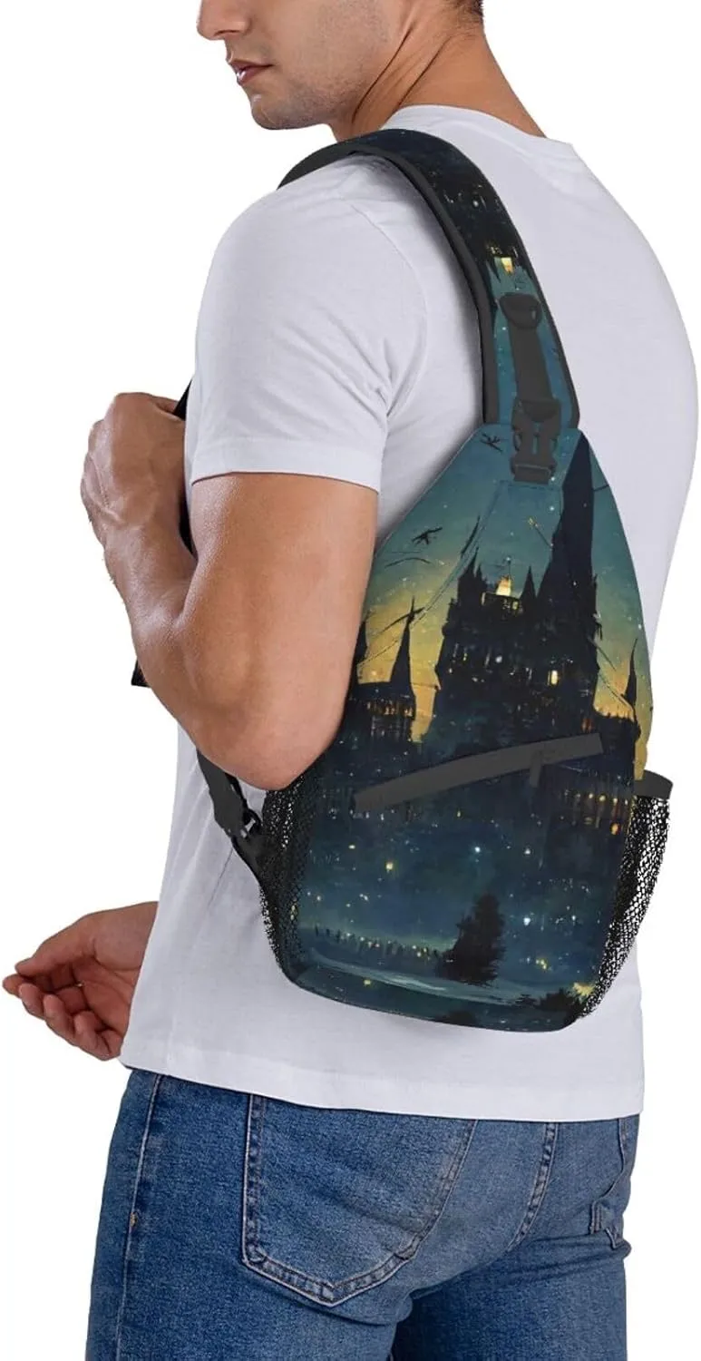 Wizard Castle Halloween Sling Bag Crossbody Backpack for Women Men Hiking Travel Bag Pouch Small Daypack Casual Pack Lightweight Cross Chest Bag Outdoor