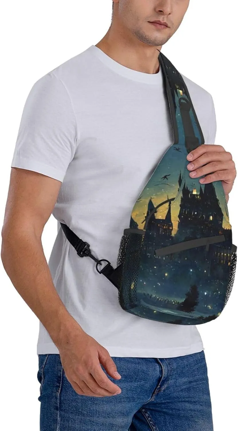 Wizard Castle Halloween Sling Bag Crossbody Backpack for Women Men Hiking Travel Bag Pouch Small Daypack Casual Pack Lightweight Cross Chest Bag Outdoor