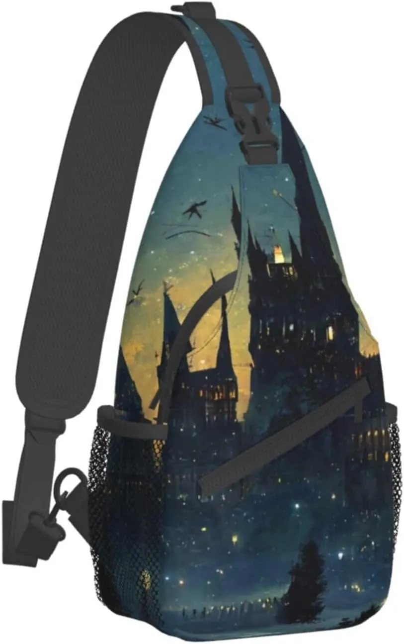 Wizard Castle Halloween Sling Bag Crossbody Backpack for Women Men Hiking Travel Bag Pouch Small Daypack Casual Pack Lightweight Cross Chest Bag Outdoor
