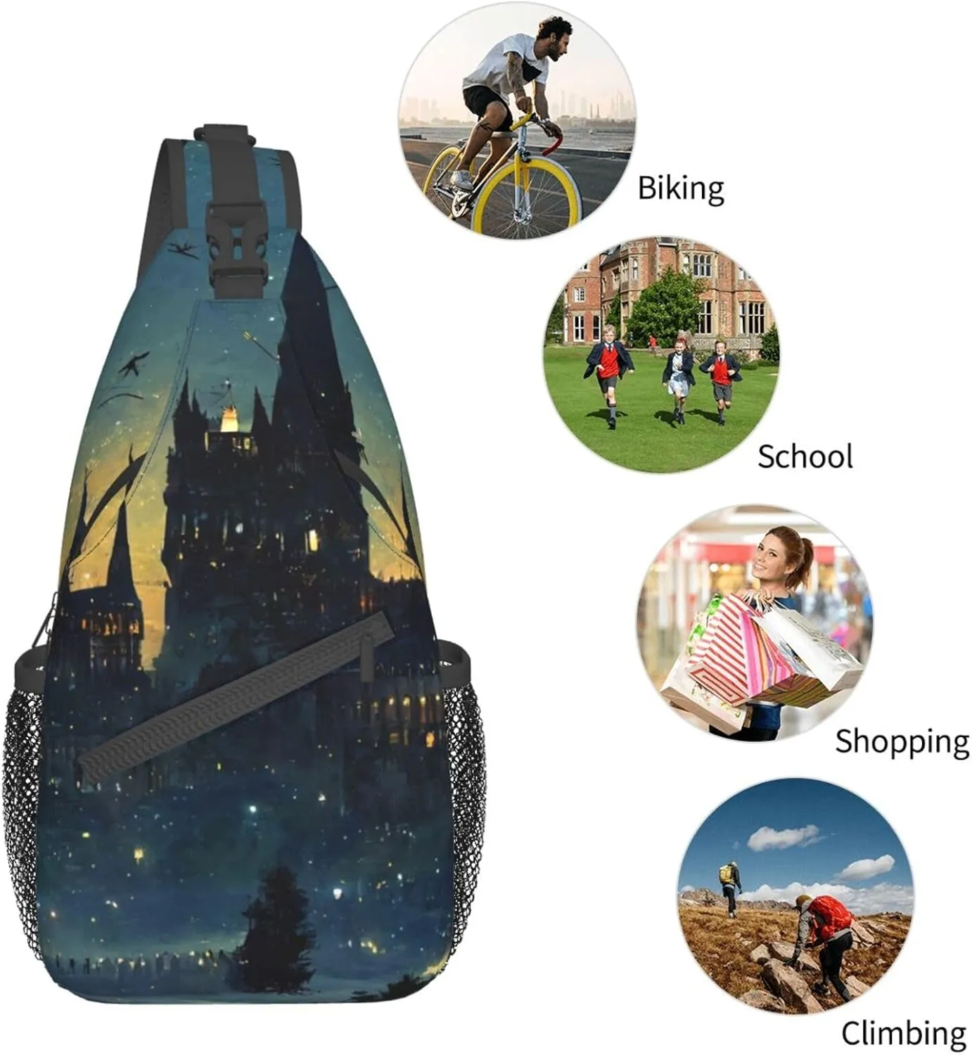 Wizard Castle Halloween Sling Bag Crossbody Backpack for Women Men Hiking Travel Bag Pouch Small Daypack Casual Pack Lightweight Cross Chest Bag Outdoor