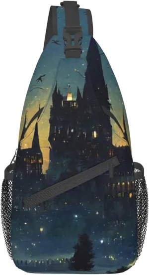 Wizard Castle Halloween Sling Bag Crossbody Backpack for Women Men Hiking Travel Bag Pouch Small Daypack Casual Pack Lightweight Cross Chest Bag Outdoor