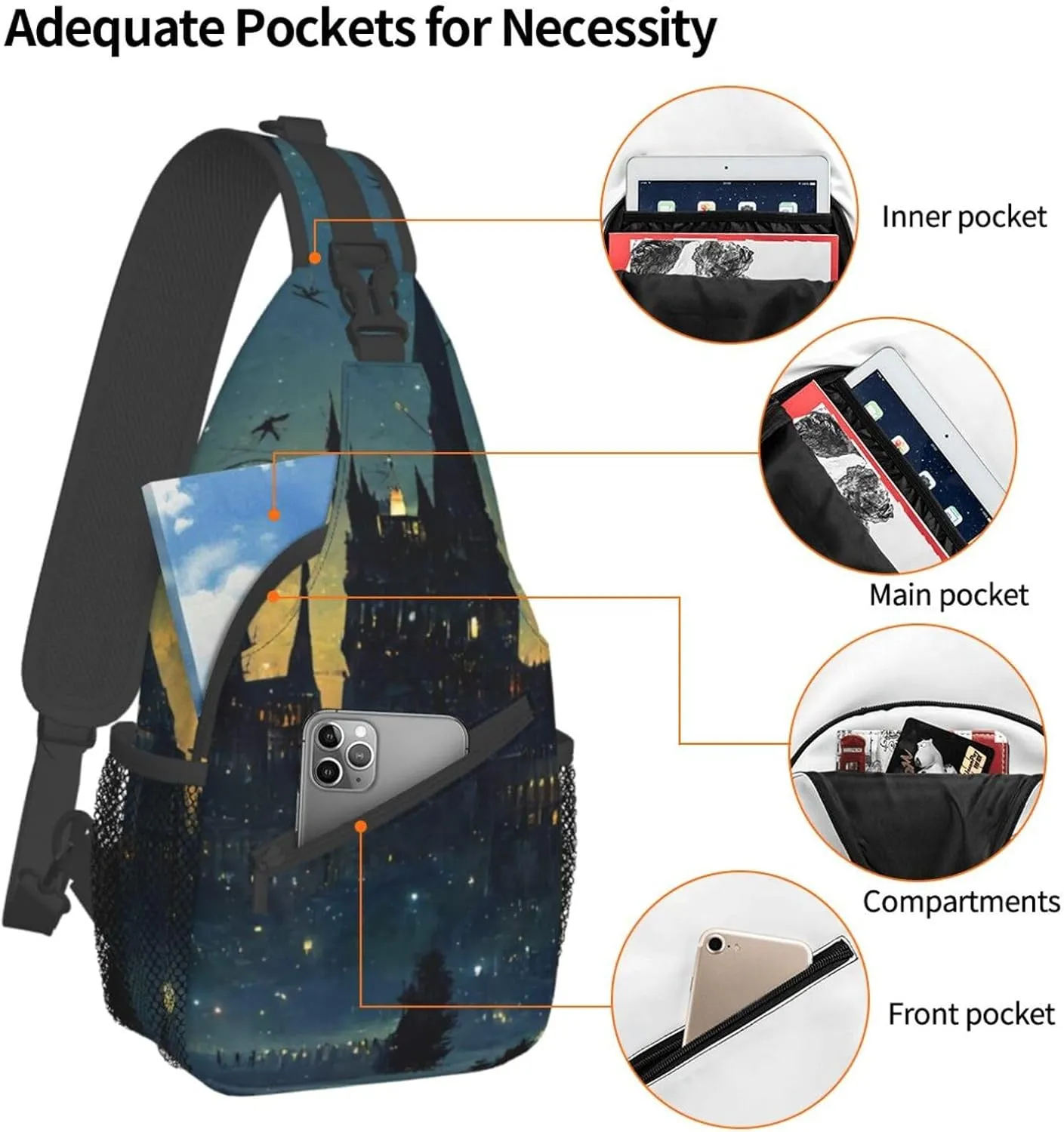 Wizard Castle Halloween Sling Bag Crossbody Backpack for Women Men Hiking Travel Bag Pouch Small Daypack Casual Pack Lightweight Cross Chest Bag Outdoor