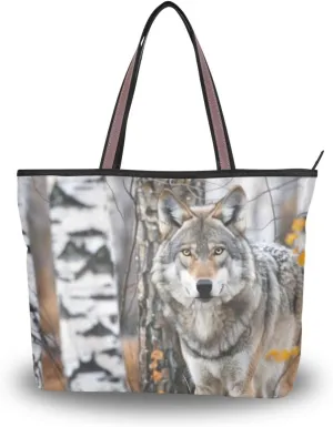 Wolf Birch Tree Autumn Tote Bag for Women Durable Designer Handbag with Zipper for Daily Use L