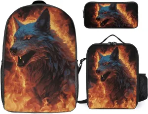 Wolf Surrounded by Fire 3 Piece Backpack Set with Lunch Bag And Pencil Case Travel Laptop Bags Lightweight Causal Daypack for Women Men