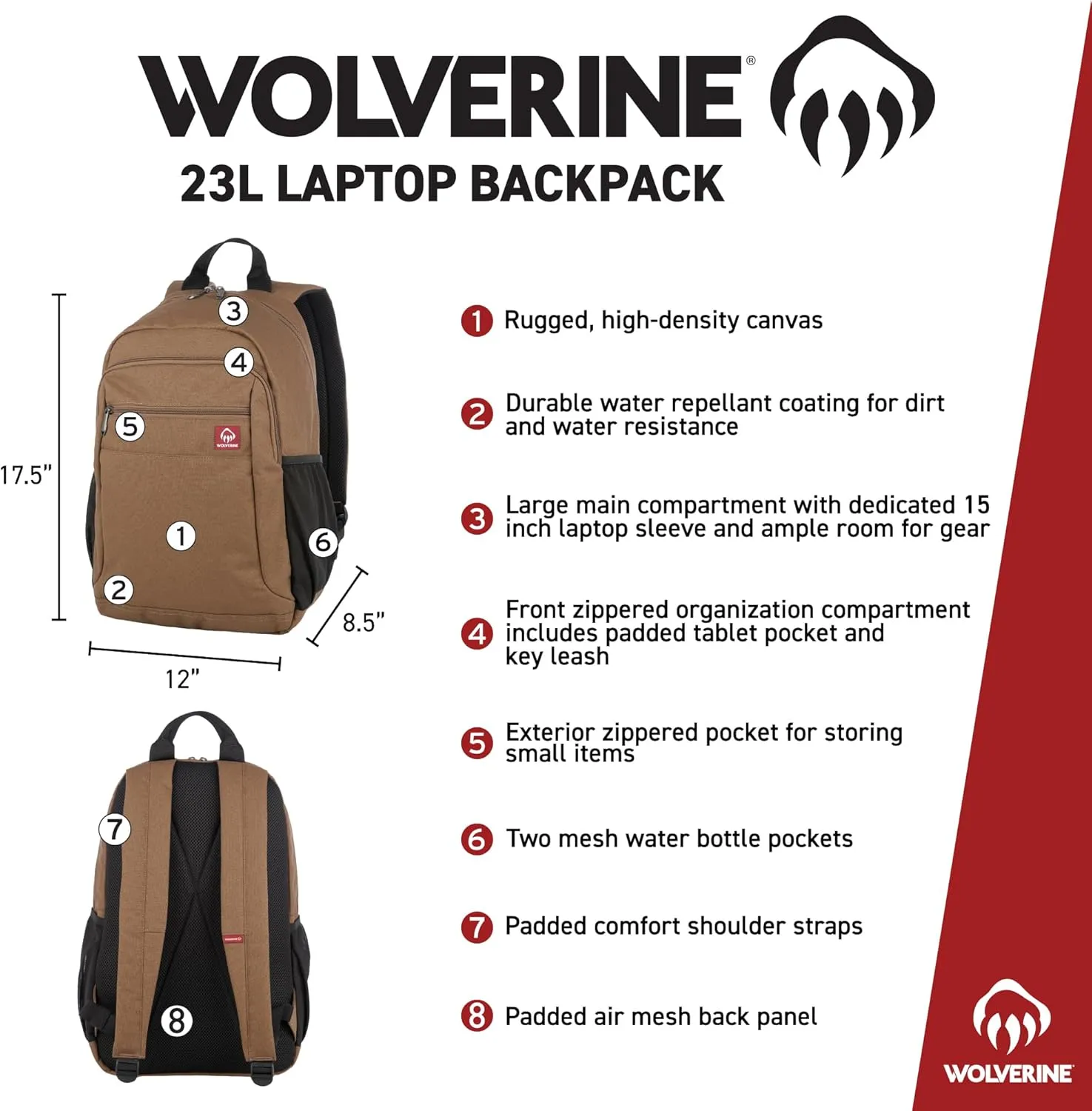 WOLVERINE Lightweight, Water Resistant Rugged Backpack for Travel or Work, Laptop-Chestnut, 23L