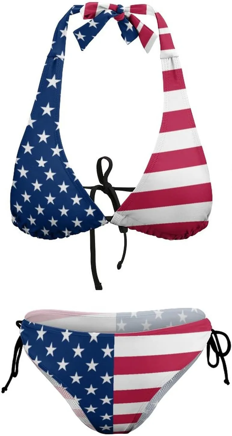 Women 2 Piece Blue Sexy Brazilian Sling Halter String Triangle American Flag Bikini Set Thong Swimsuit