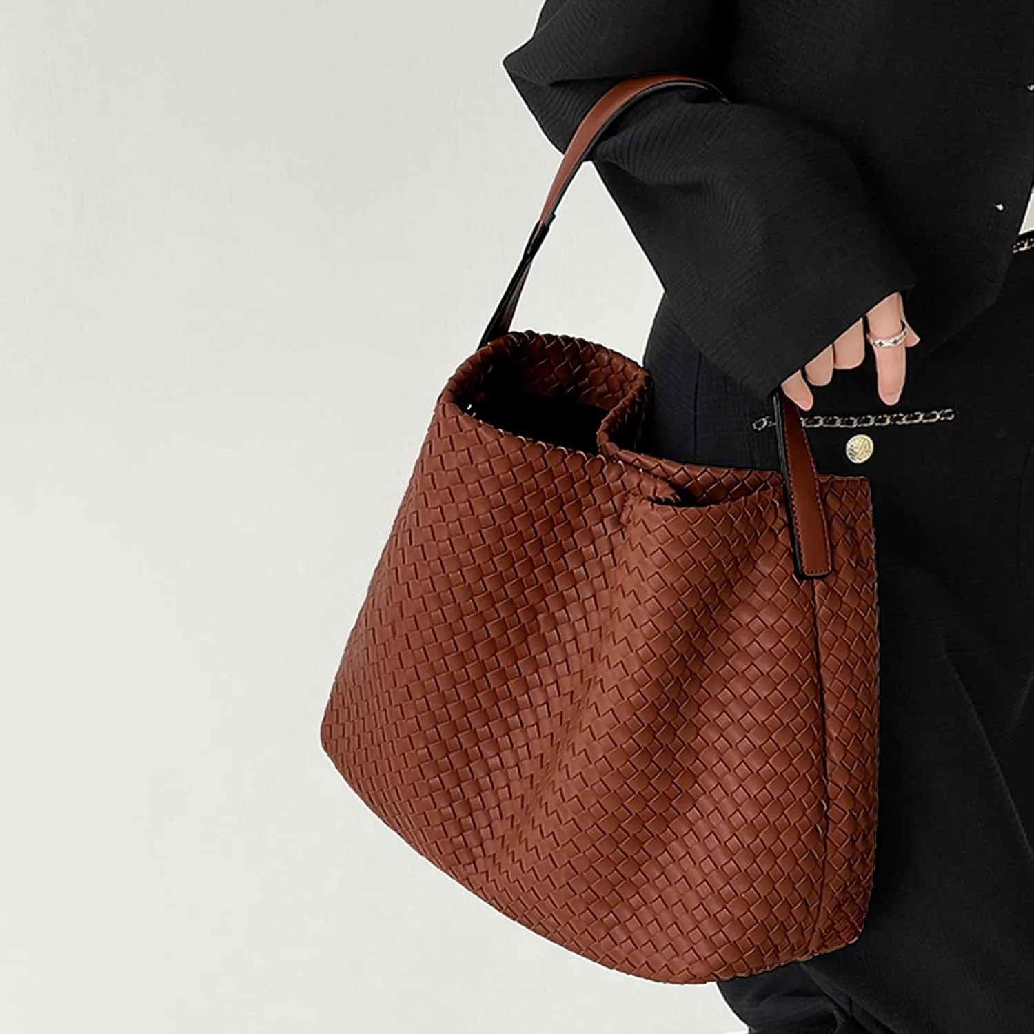 Women Boston Bag Woven Tote Vegan Leather Handbags Female Satchel Messenger Bag Fashion Shoulder Crossbody Bag Casual Hobo