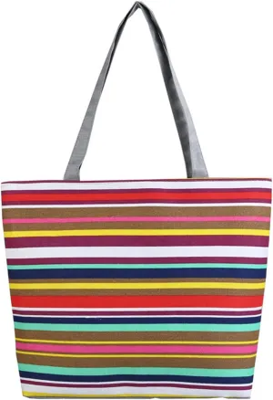 Women Canvas Shoulder Bag Stripe Pattern Handbag Shopping Tote Bag(Color E,13 Liters)