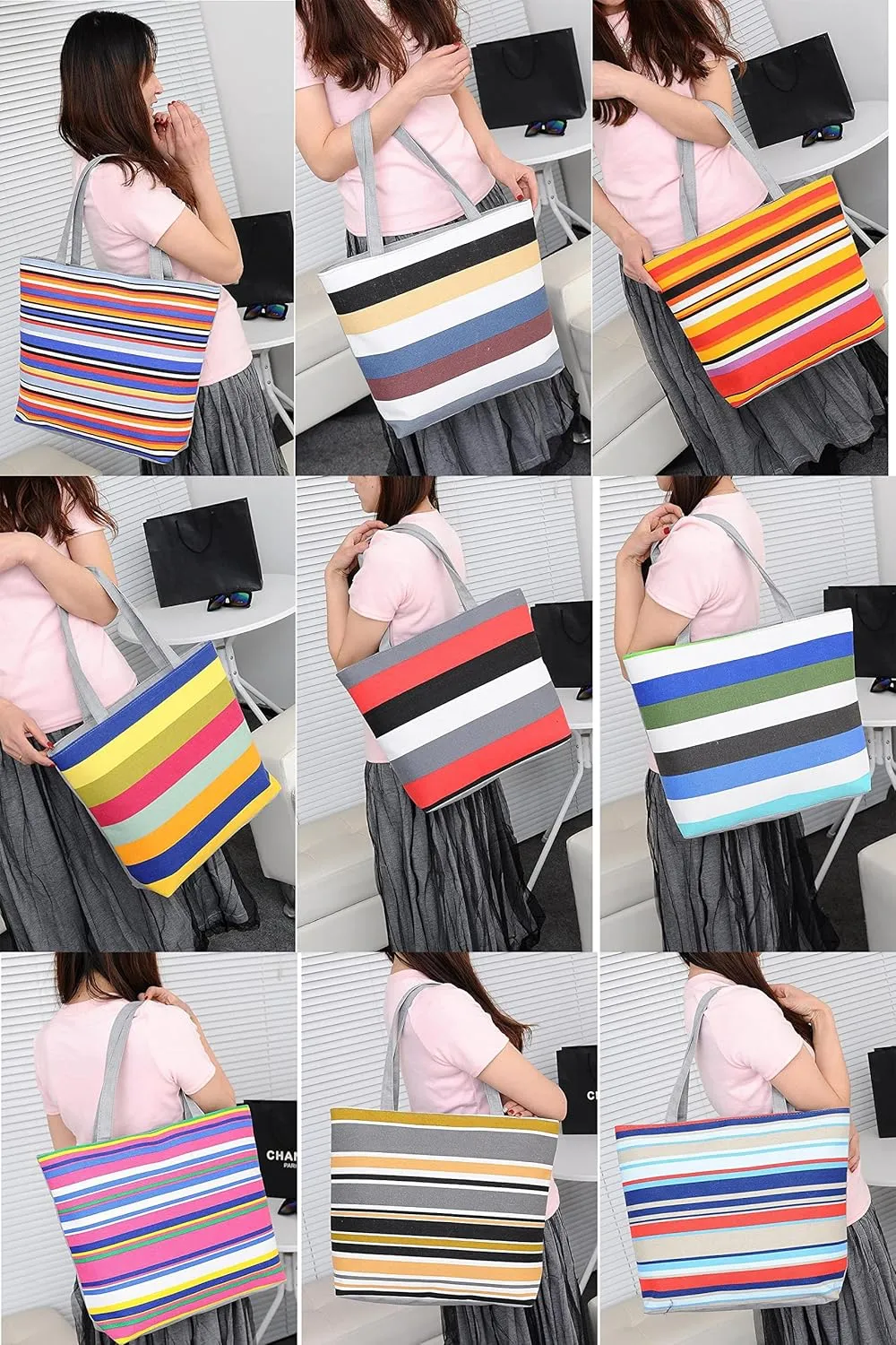 Women Canvas Shoulder Bag Stripe Pattern Handbag Shopping Tote Bag(Color E,13 Liters)