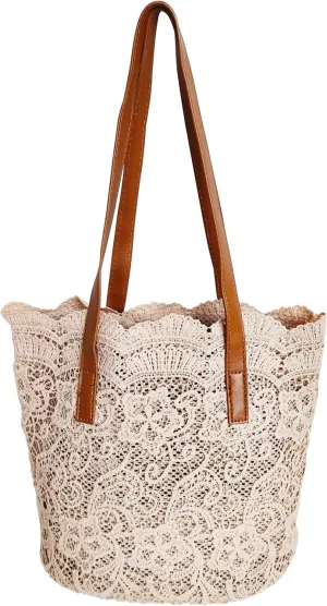 Women Flower Embroidery Tote Frosted Silk Straw Bag Summer Seaside Travel Vacation Beach Bag Shoulder Retro Lace Handbag (Brown-1)