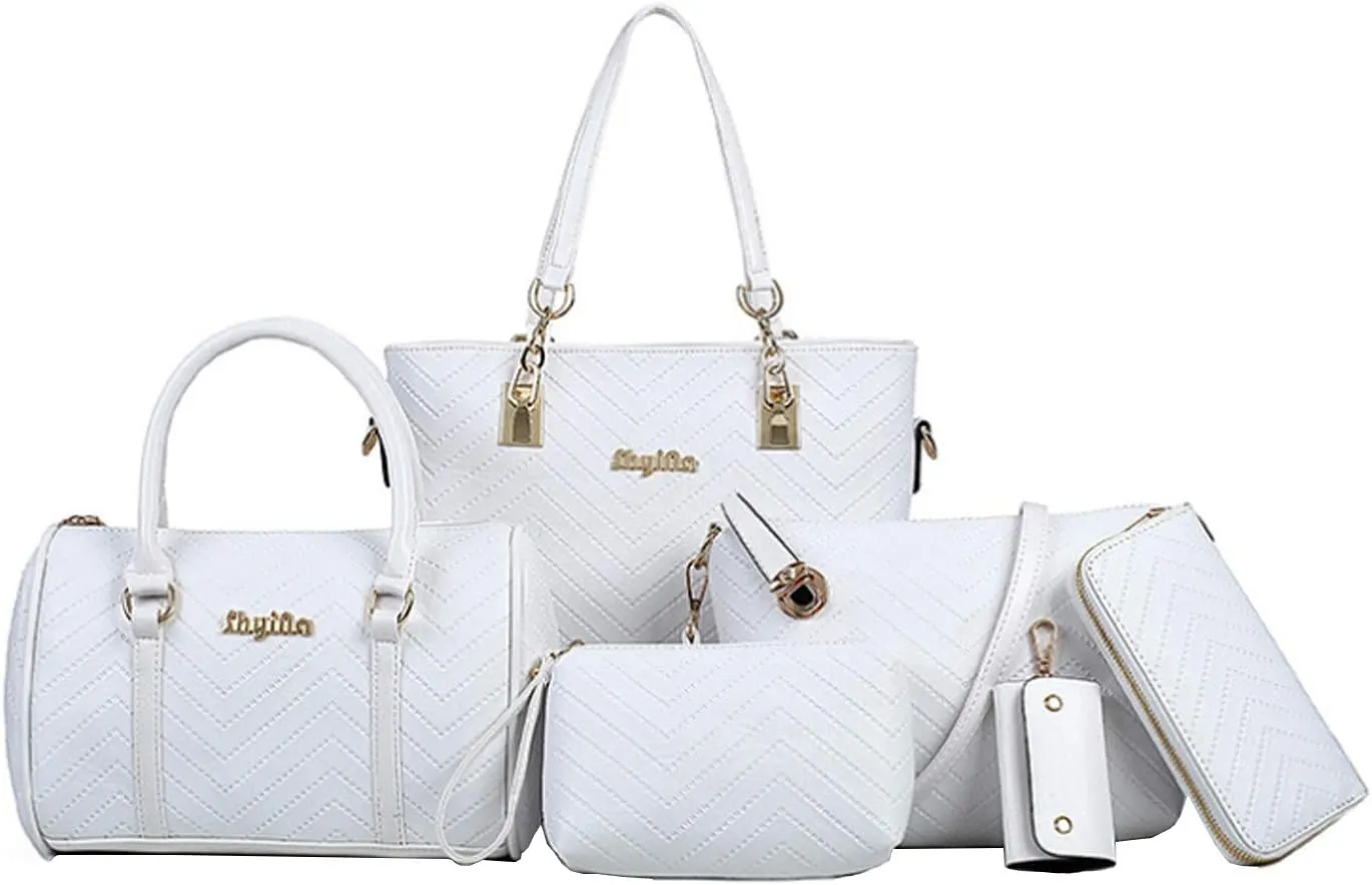 Women Handbags 6 Pcs Set PU Top Handle Purse Splicing Shoulder Crossbody Bag Tote Satchels Clutch Card Holder