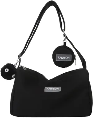 Women Nylon Crossbody Hobo Handbags, Multi Shoulder Bag with Coin Purse and Cute Pendant (Black)