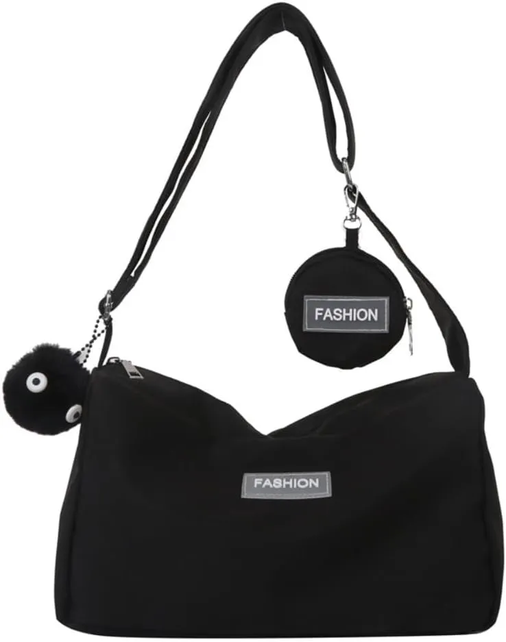Women Nylon Crossbody Hobo Handbags, Multi Shoulder Bag with Coin Purse and Cute Pendant (Black)