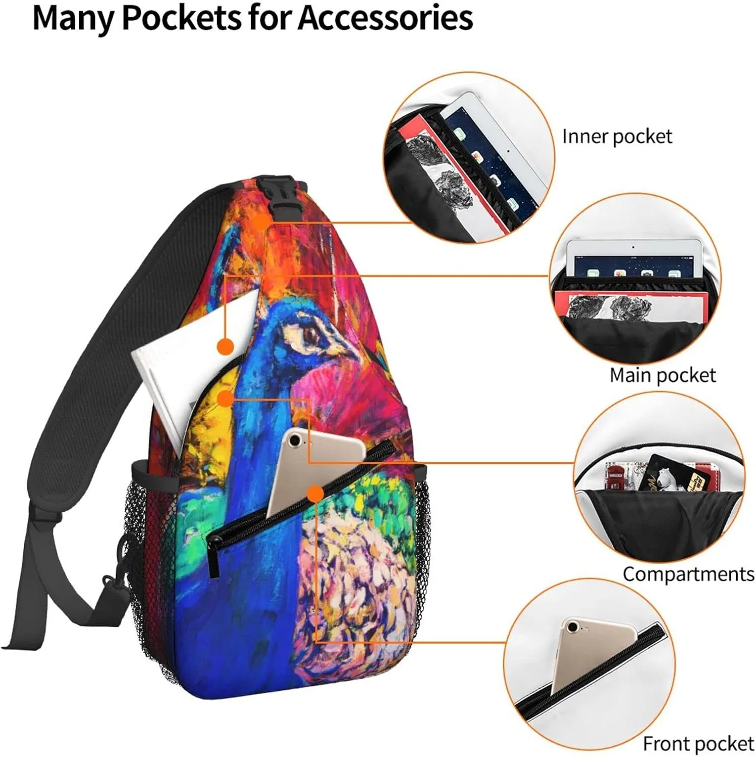 Women peacock Crossbody Sling Backpack for Men Chest Bag Shoulder Bag Lightweight One Strap Backpack Travel Outdoor Daypack