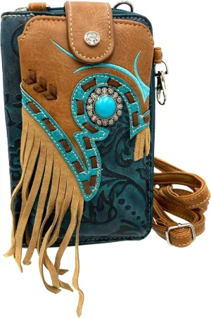 Women Phone Wallet Turquoise Concho Suede Fringe Two Tone Cowgirl Crossbody Clutch