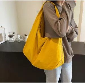 Women Solid Color Draped Tote Bag Large Capacity Nylon Shoulder Purse Versatile Slouchy Hobo Bag Travel Sport